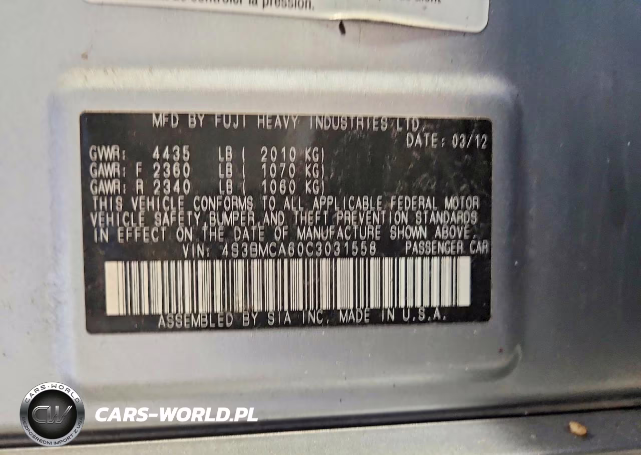 2012 Subaru Legacy 2.5I VIN:4S3BMCA60C3031558 - 12