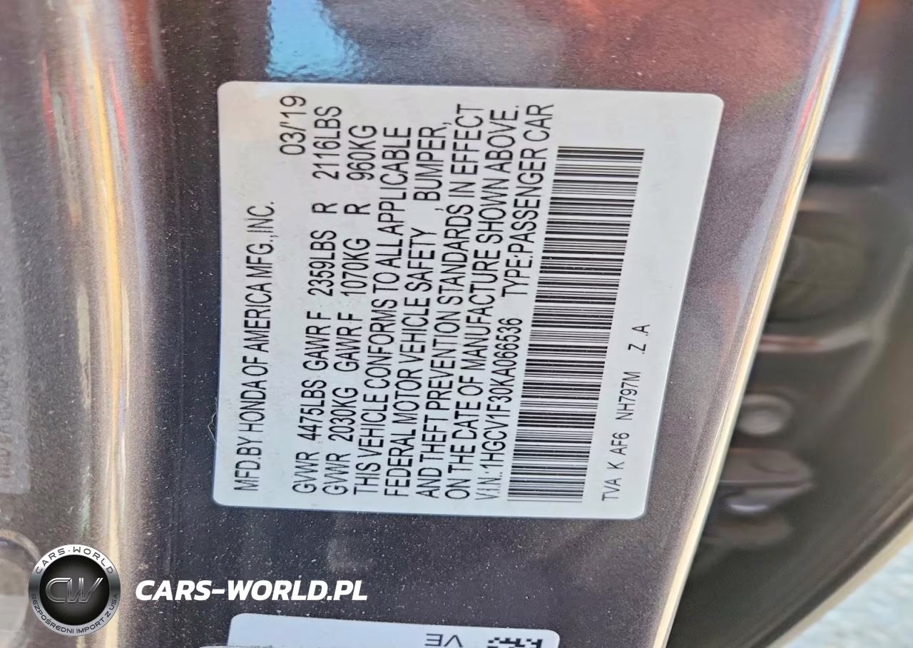 2019 Honda Accord Sport VIN:1HGCV1F30KA066536 - 12