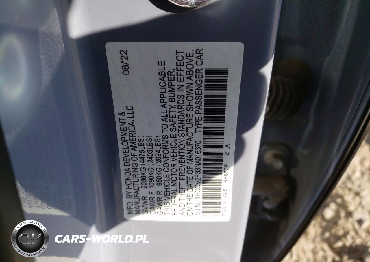 2022 Honda Accord Sport VIN:1HGCV2F33NA016370 - 12