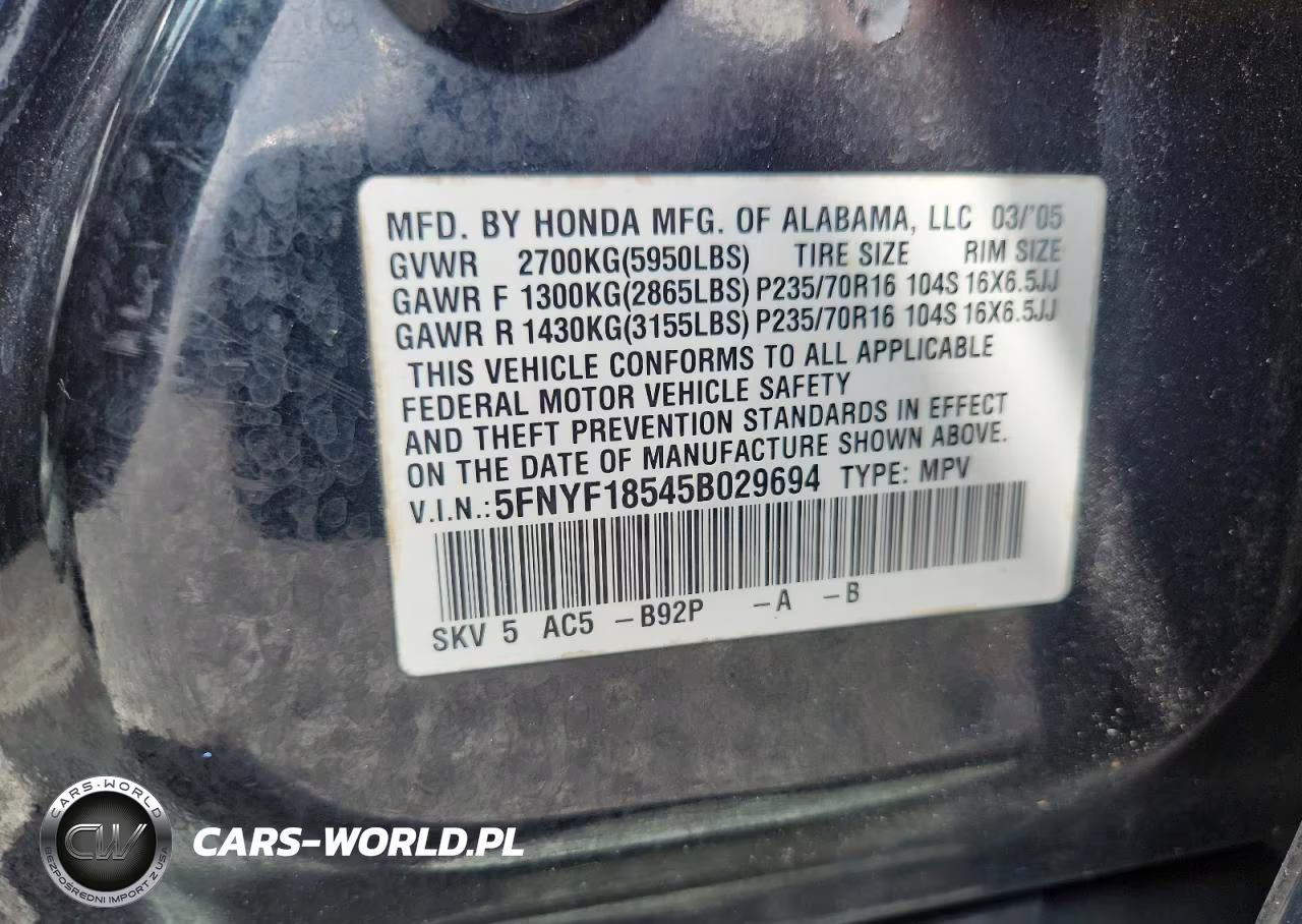 2005 Honda Pilot Exl VIN:5FNYF18545B029694 - 13