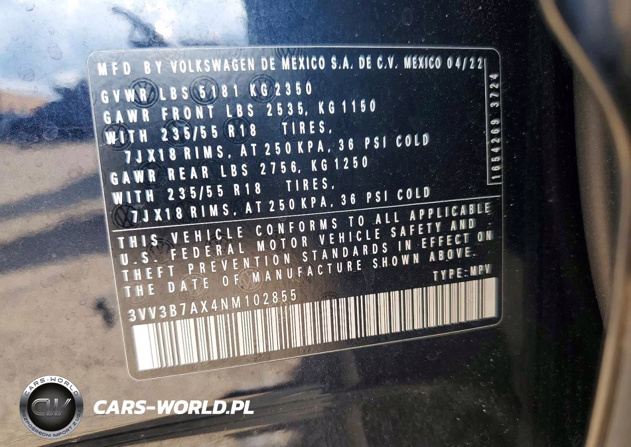 2022 Volkswagen Tiguan Se VIN:3VV3B7AX4NM102855 - 13