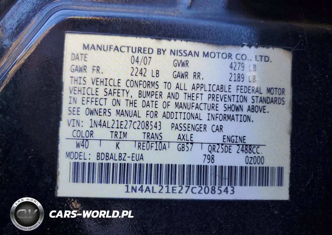 2007 Nissan Altima 2.5 VIN:1N4AL21E27C208543 - 12