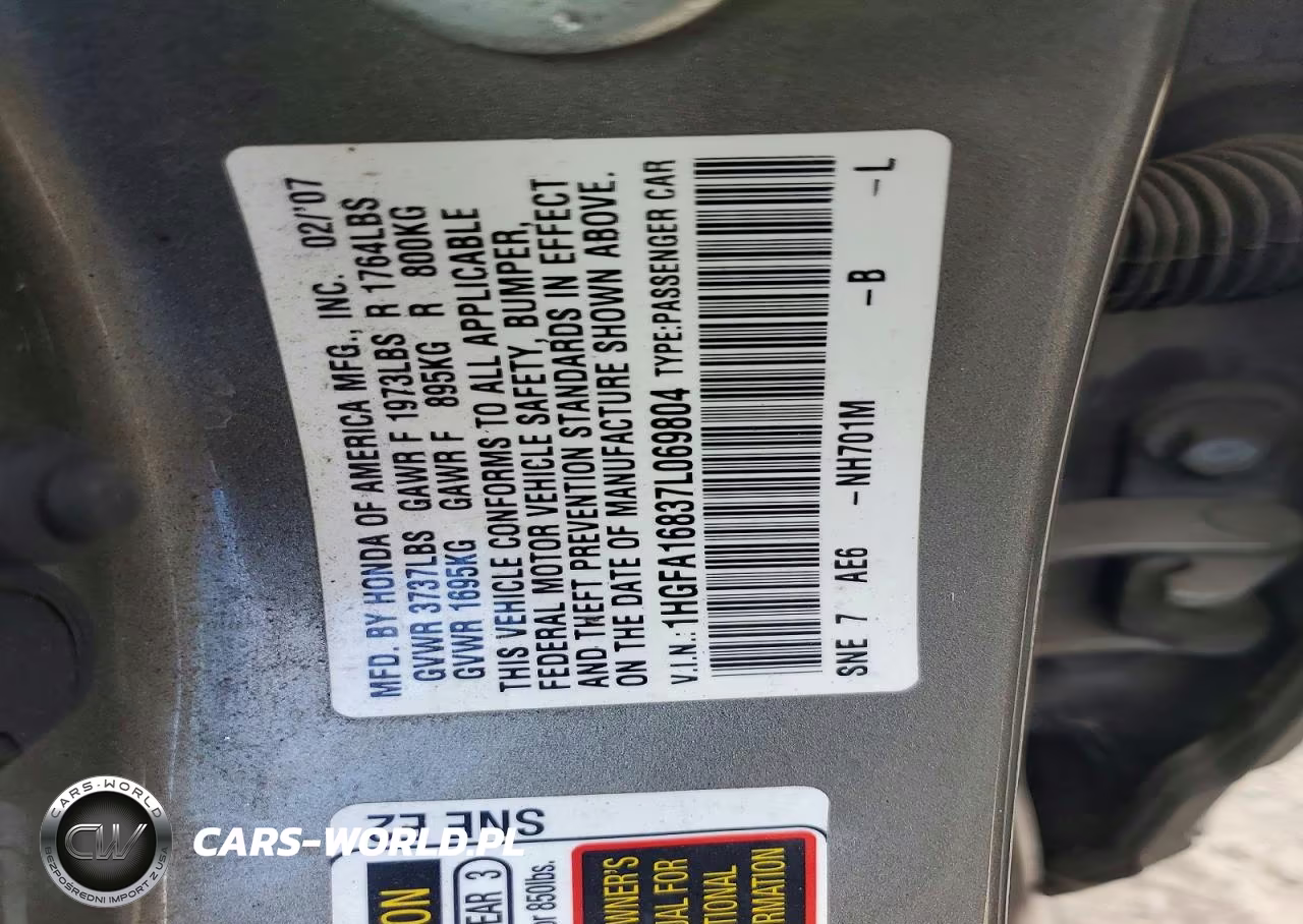2007 Honda Civic Ex VIN:1HGFA16837L069804 - 12