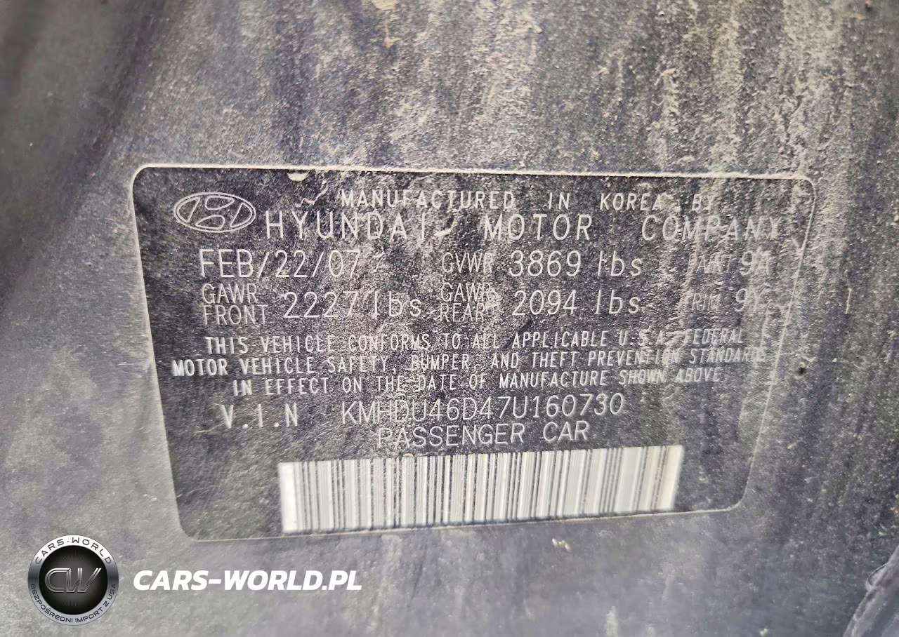2007 Hyundai Elantra VIN:KMHDU46D47U160730 - 12