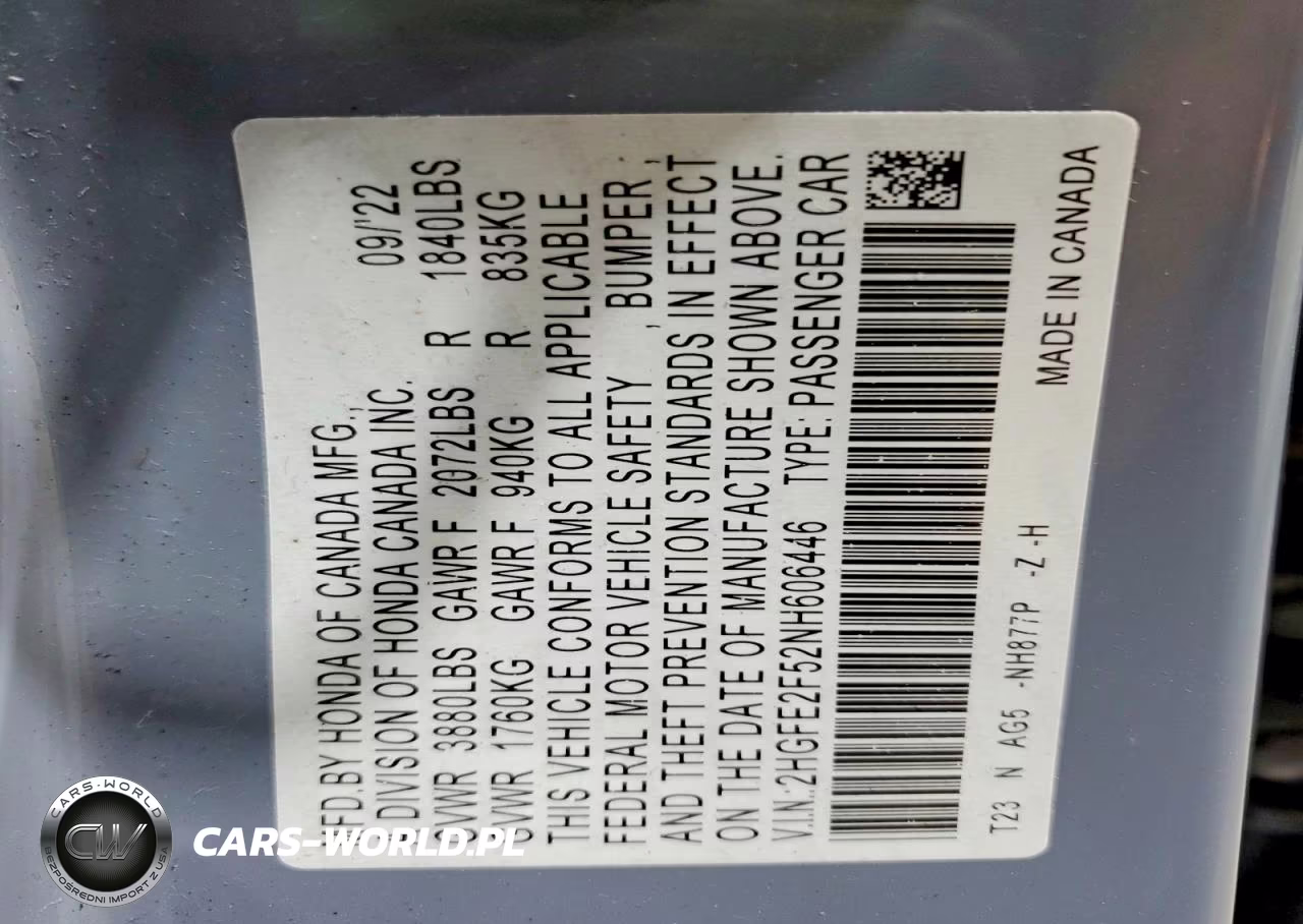2022 Honda Civic Sport VIN:2HGFE2F52NH606446 - 12