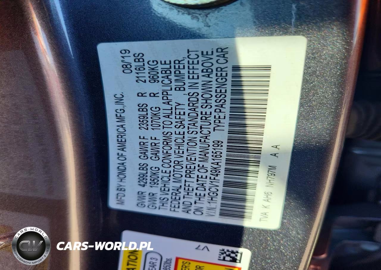 2019 Honda Accord Ex VIN:1HGCV1F49KA165199 - 12