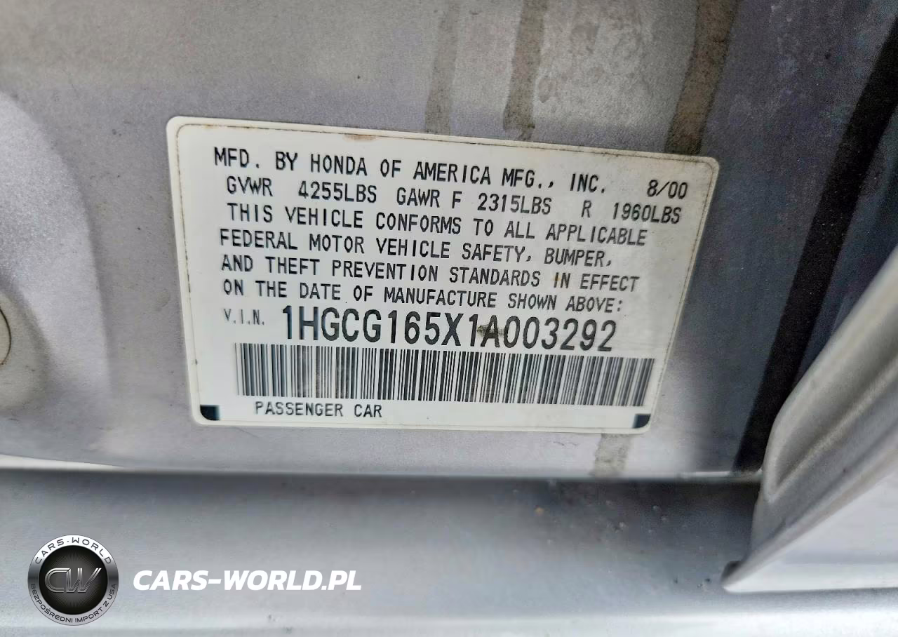 2001 Honda Accord Ex VIN:1HGCG165X1A003292 - 12