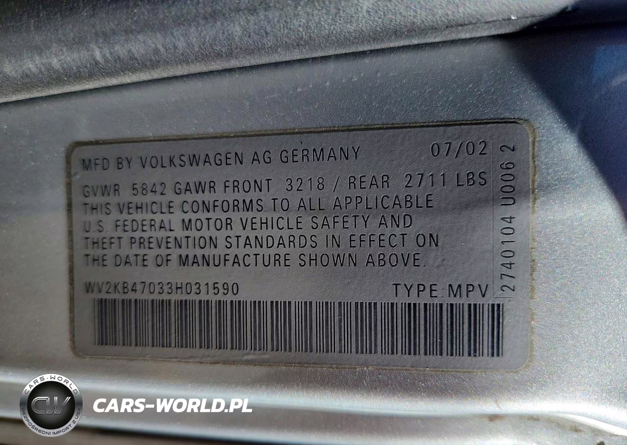 2003 Volkswagen Eurovan Gls VIN:WV2KB47033H031590 - 13