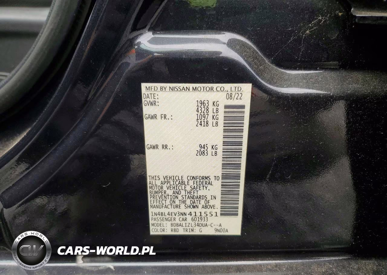 2022 Nissan Altima Sl VIN:1N4BL4EV3NN411551 - 12