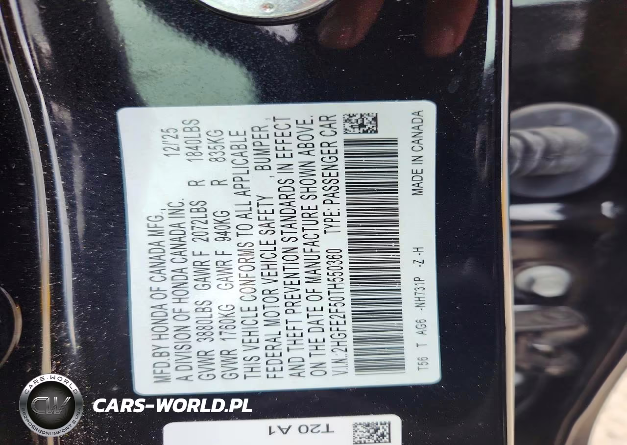 2026 Honda Civic Sport VIN:2HGFE2F50TH550360 - 13