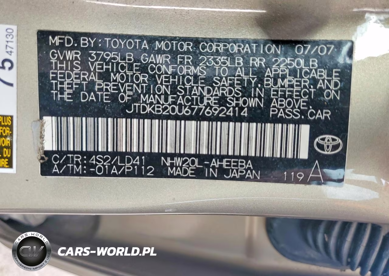 2007 Toyota Prius Base VIN:JTDKB20U677692414 - 12