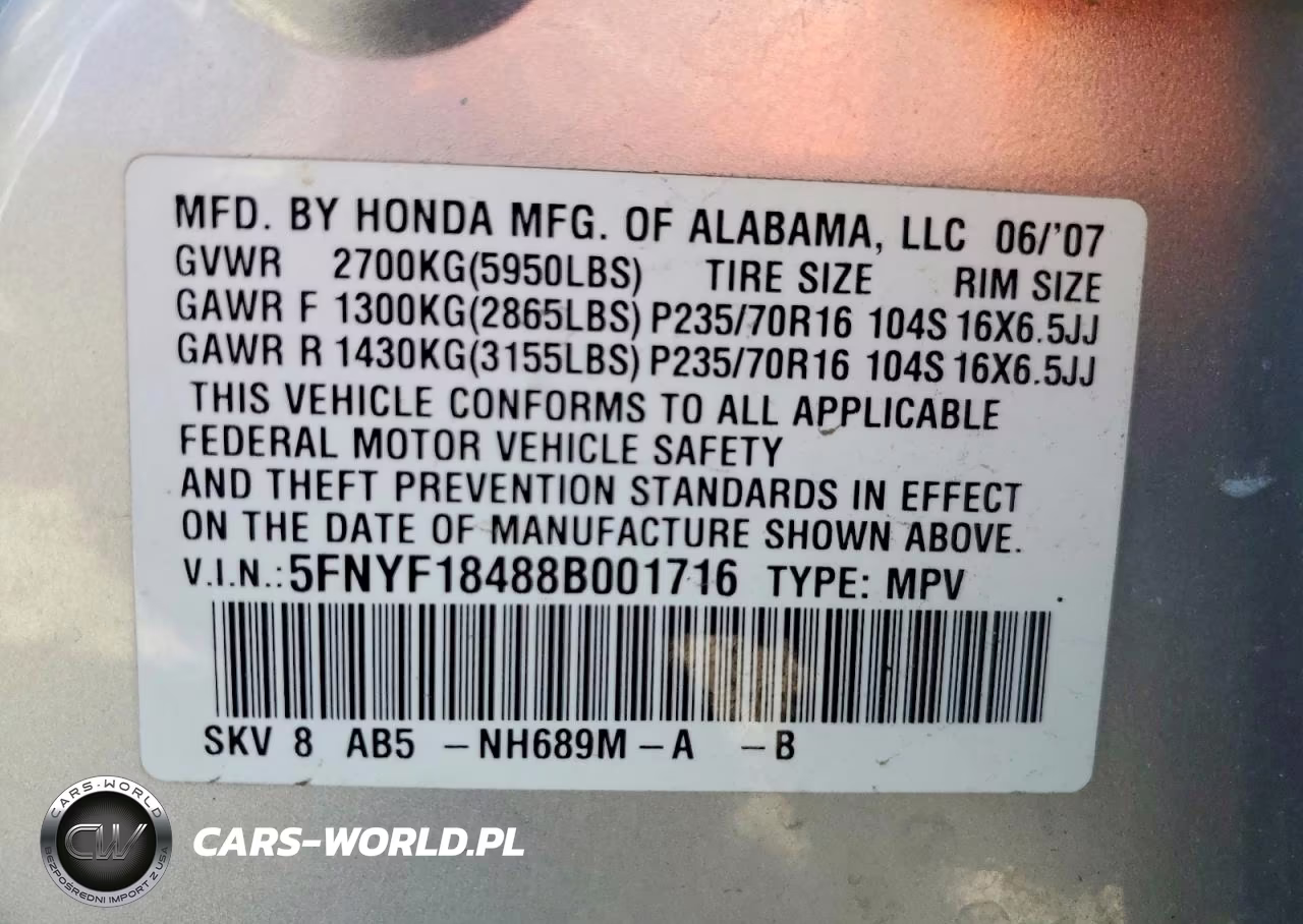 2008 Honda Pilot Ex VIN:5FNYF18488B001716 - 13
