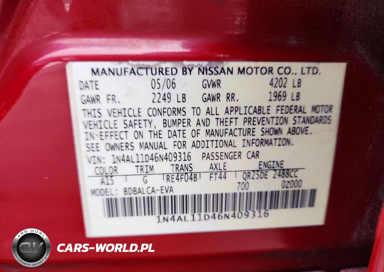 2006 Nissan Altima 2.5 VIN:1N4AL11D46N409316 - 12