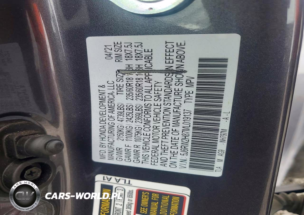 2021 Honda Cr-V Exl VIN:5J6RW2H87ML019137 - 13