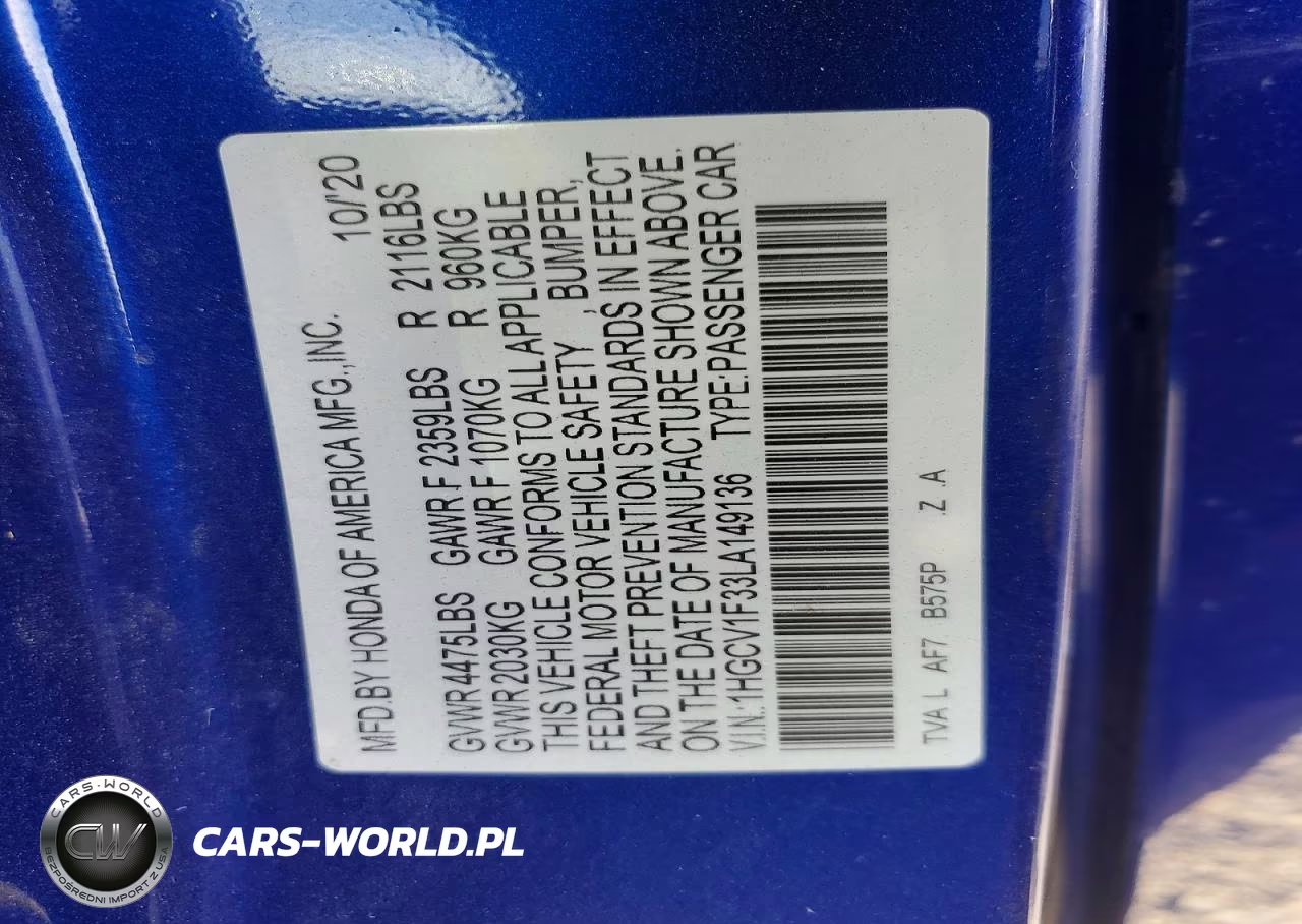 2020 Honda Accord Sport VIN:1HGCV1F33LA149136 - 13