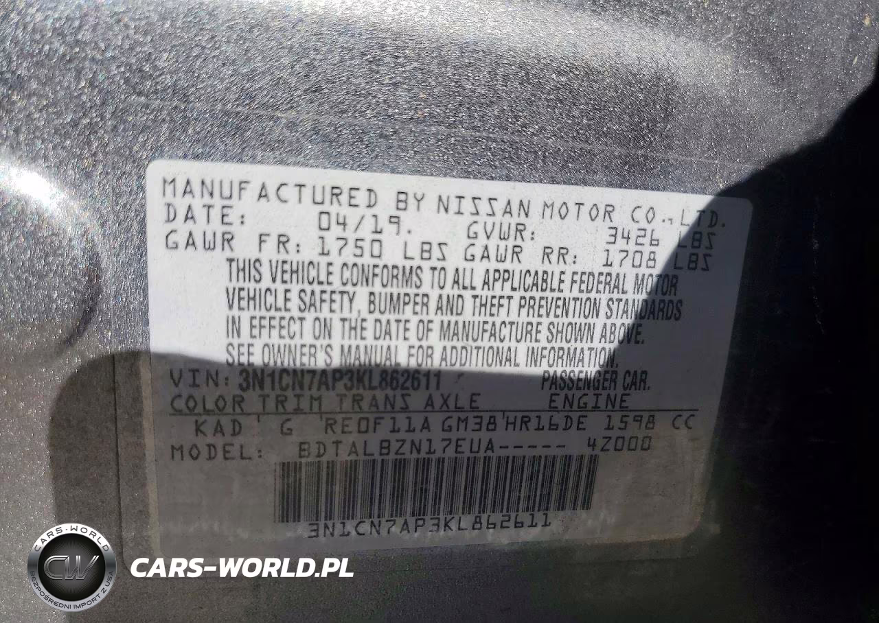 2019 Nissan Versa Sv VIN:3N1CN7AP3KL862611 - 12