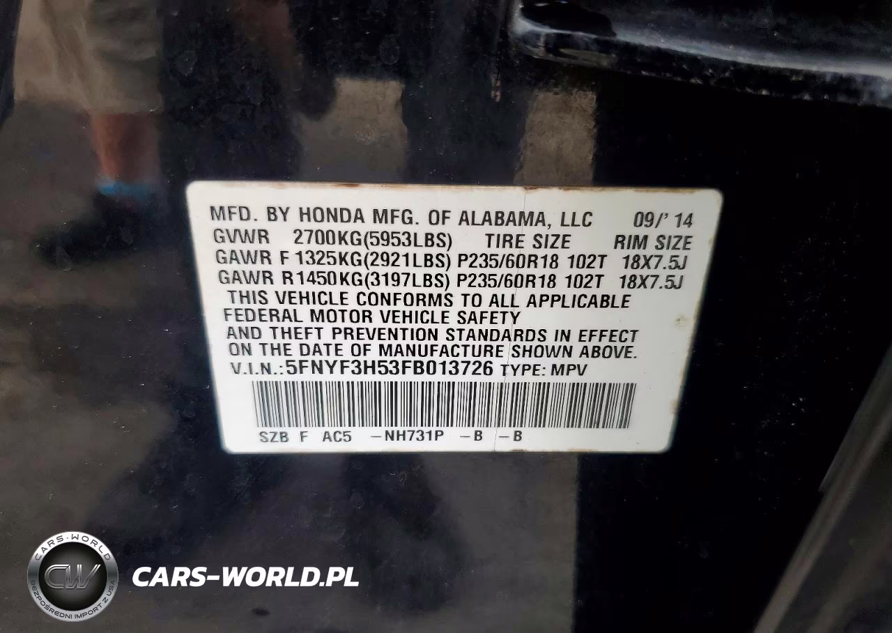2015 Honda Pilot Exl VIN:5FNYF3H53FB013726 - 13
