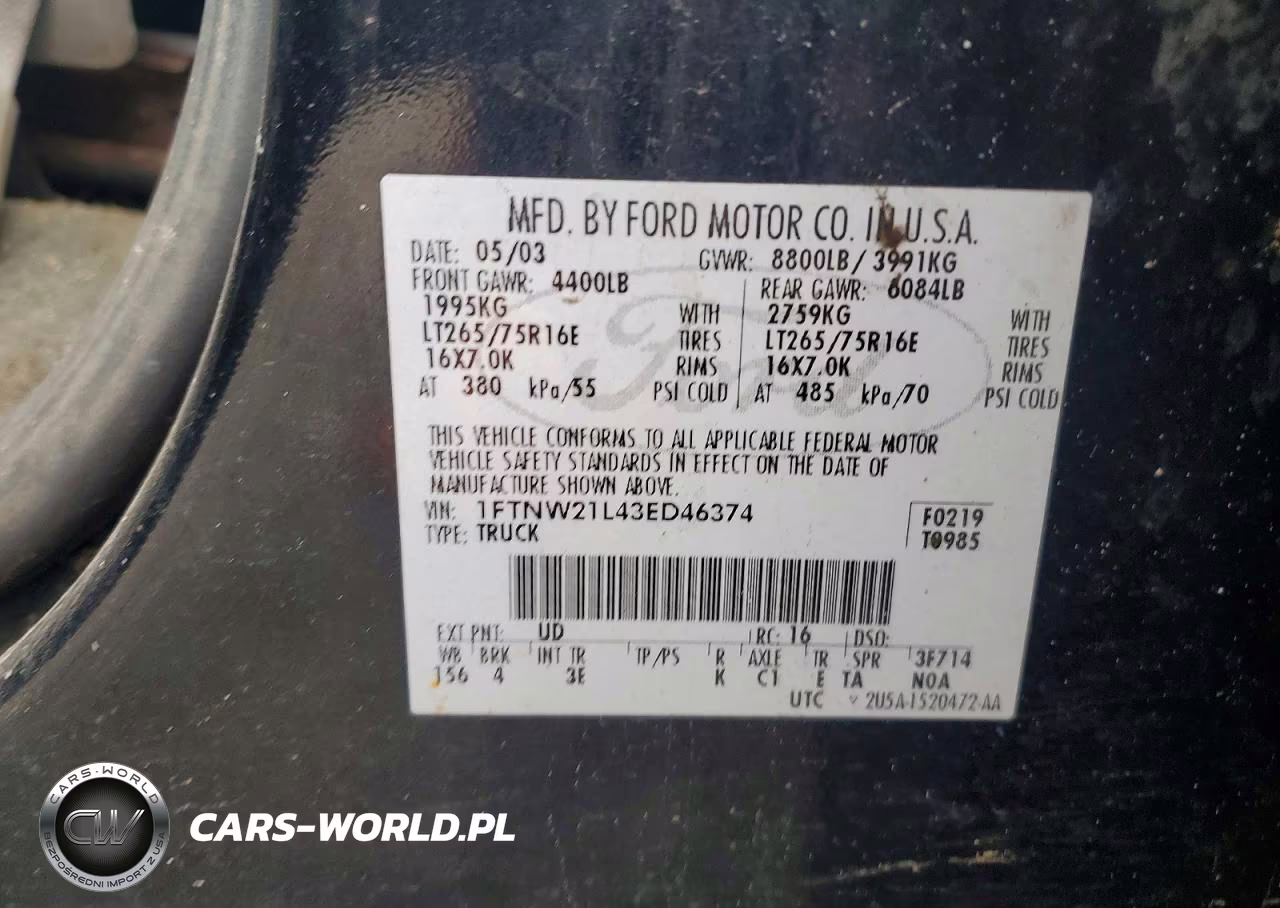 2003 Ford F250 Super Duty VIN:1FTNW21L43ED46374 - 12