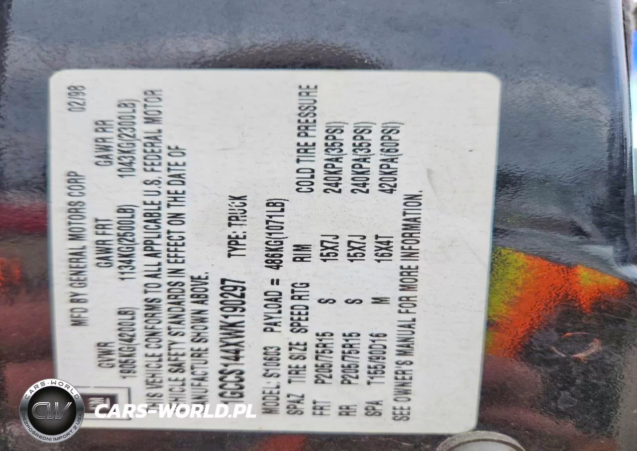 1998 Chevrolet S Truck S10 VIN:1GCCS144XWK190297 - 12