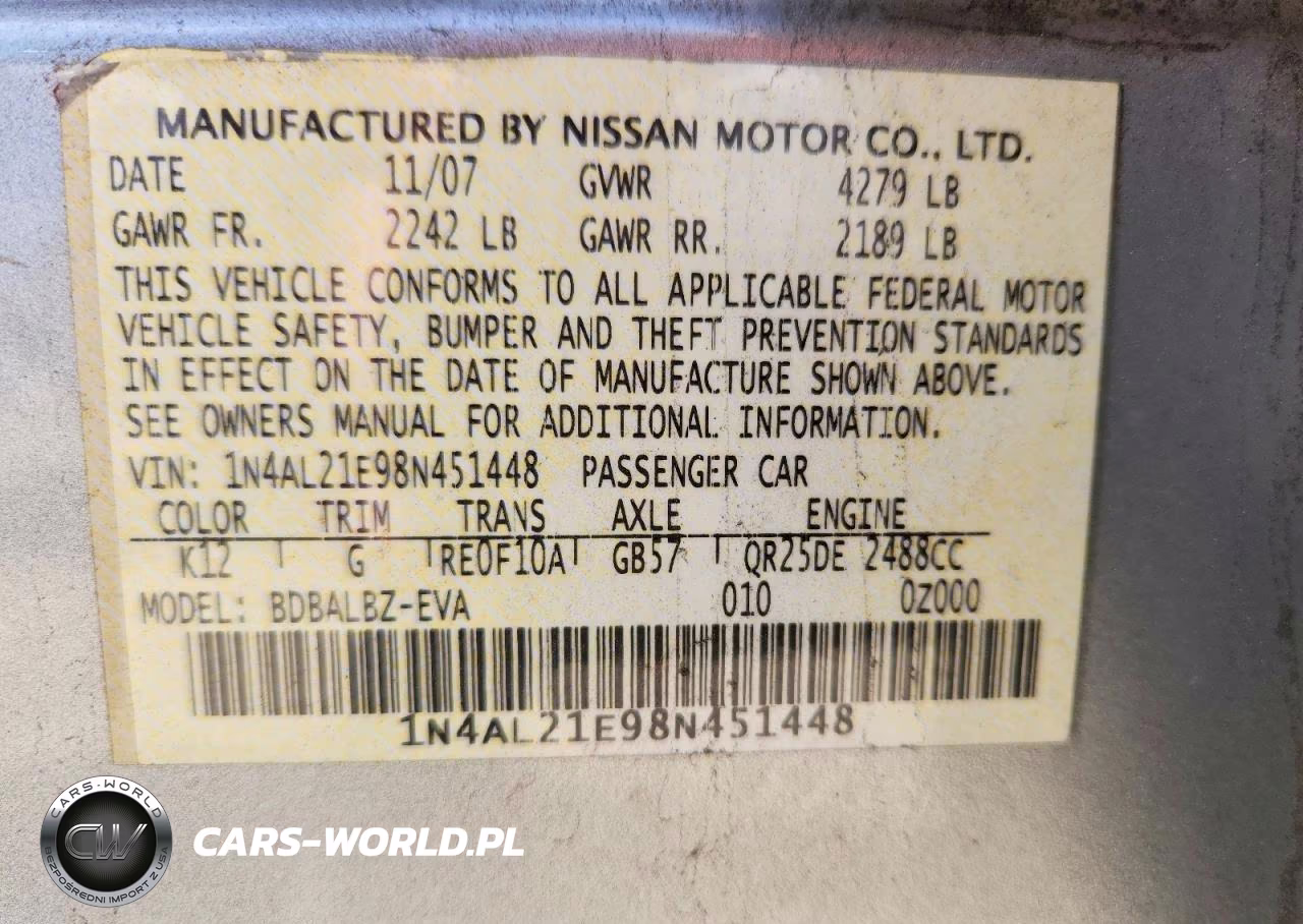2008 Nissan Altima 2.5 VIN:1N4AL21E98N451448 - 12