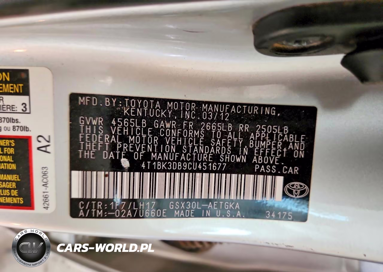 2012 Toyota Avalon Base VIN:4T1BK3DB9CU451677 - 12