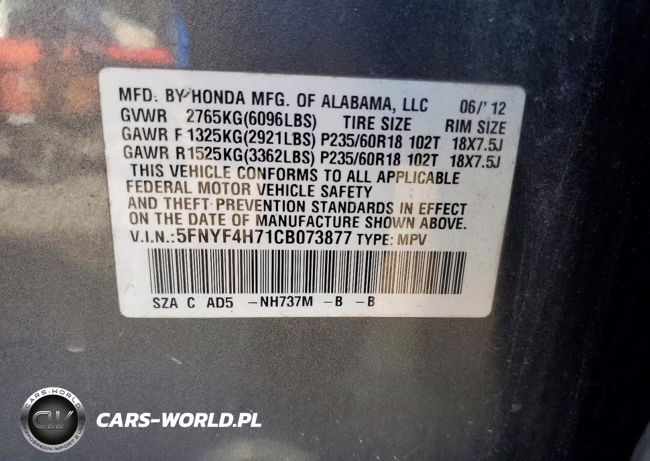 2012 Honda Pilot Exln VIN:5FNYF4H71CB073877 - 13
