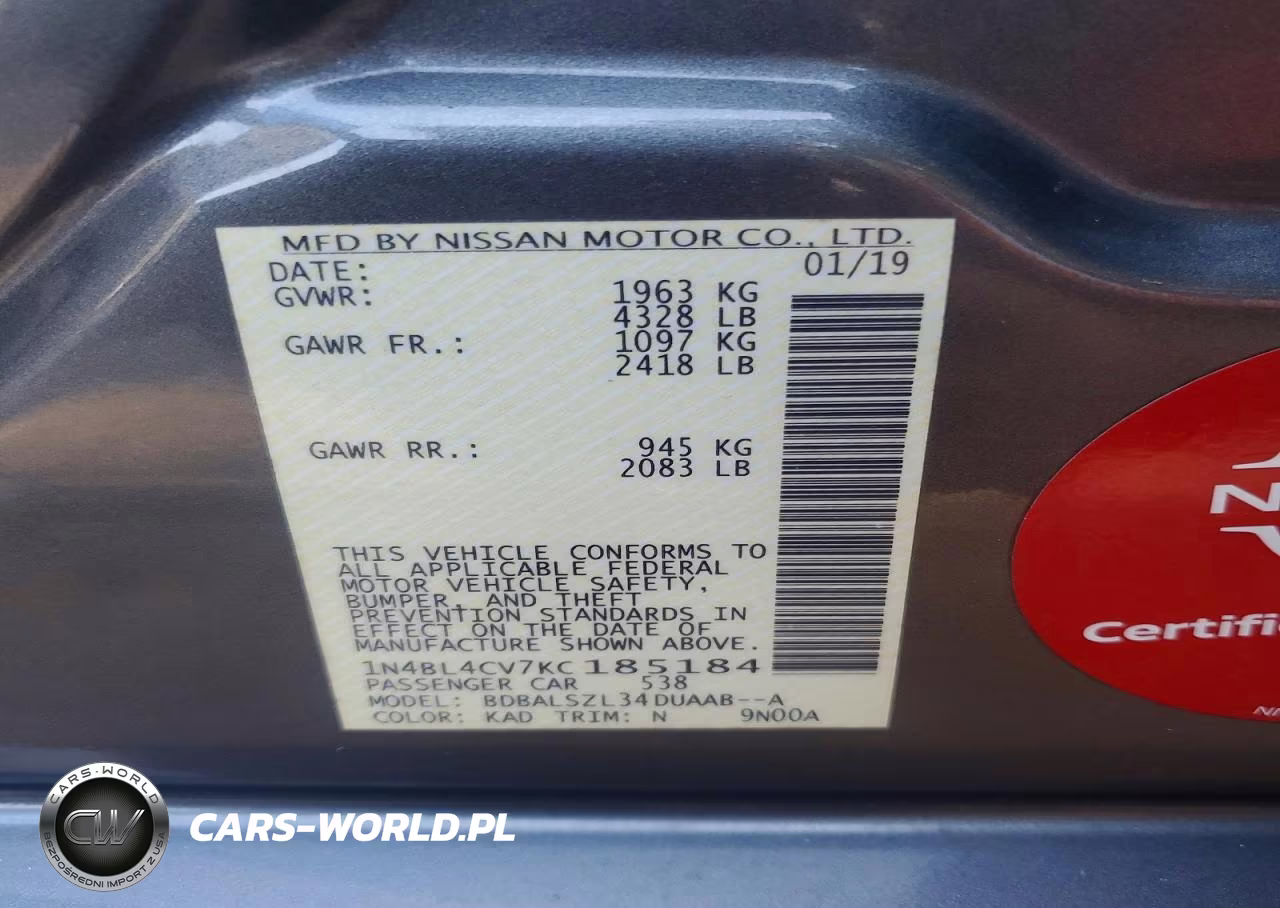 2019 Nissan Altima Sr VIN:1N4BL4CV7KC185184 - 12