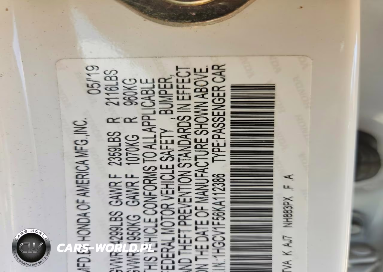 2019 Honda Accord Exl VIN:1HGCV1F56KA112386 - 12