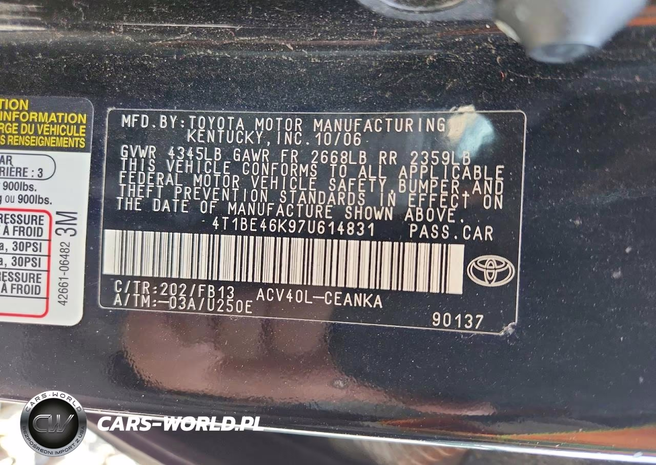 2007 Toyota Camry Le VIN:4T1BE46K97U614831 - 12