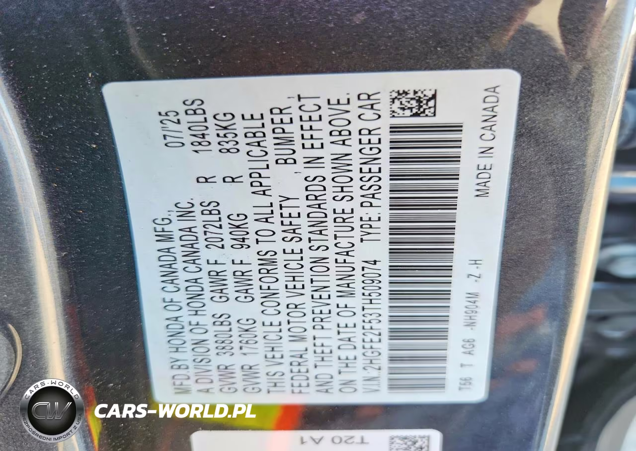 2026 Honda Civic Sport VIN:2HGFE2F53TH509074 - 12