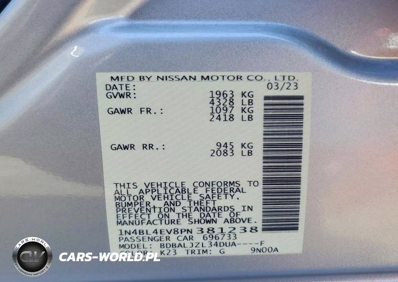 2023 Nissan Altima Sl VIN:1N4BL4EV8PN381238 - 12