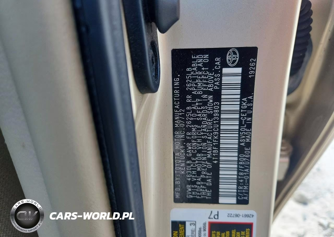 2012 Toyota Camry Xle VIN:4T1BF1FK9CU139803 - 12