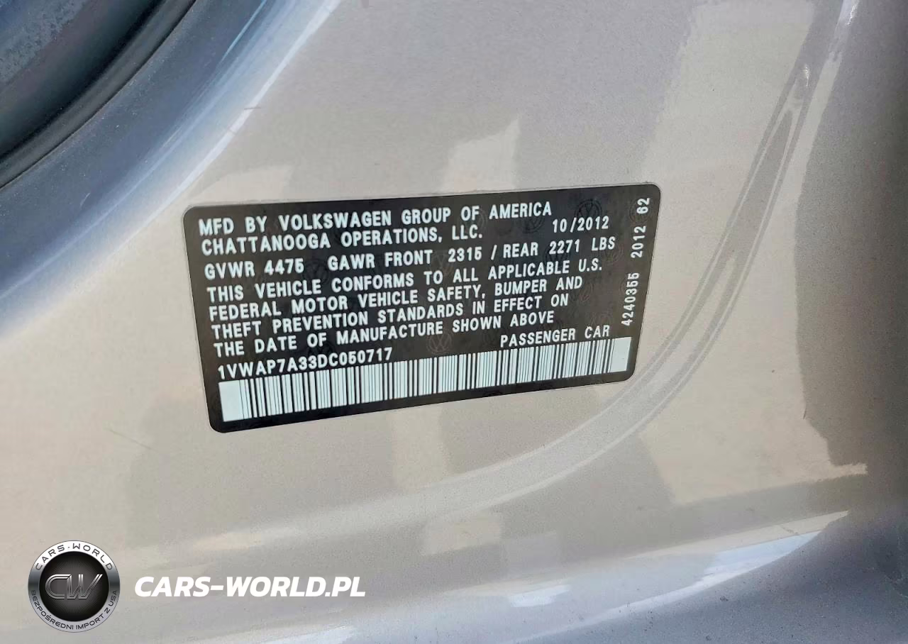 2013 Volkswagen Passat S VIN:1VWAP7A33DC050717 - 12