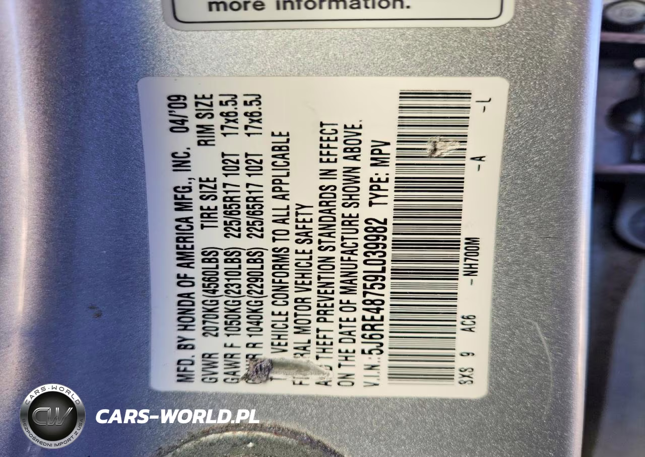 2009 Honda Cr-V Exl VIN:5J6RE48759L039982 - 13