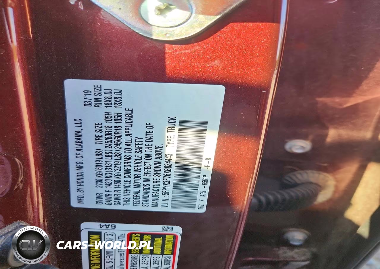 2019 Honda Ridgeline Rtl VIN:5FPYK3F76KB034443 - 12