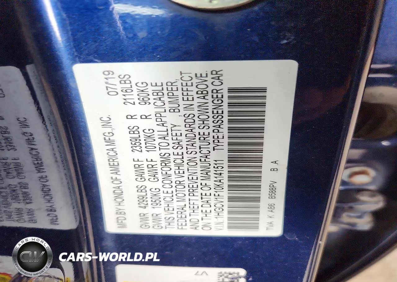 2019 Honda Accord Lx VIN:1HGCV1F10KA141511 - 12