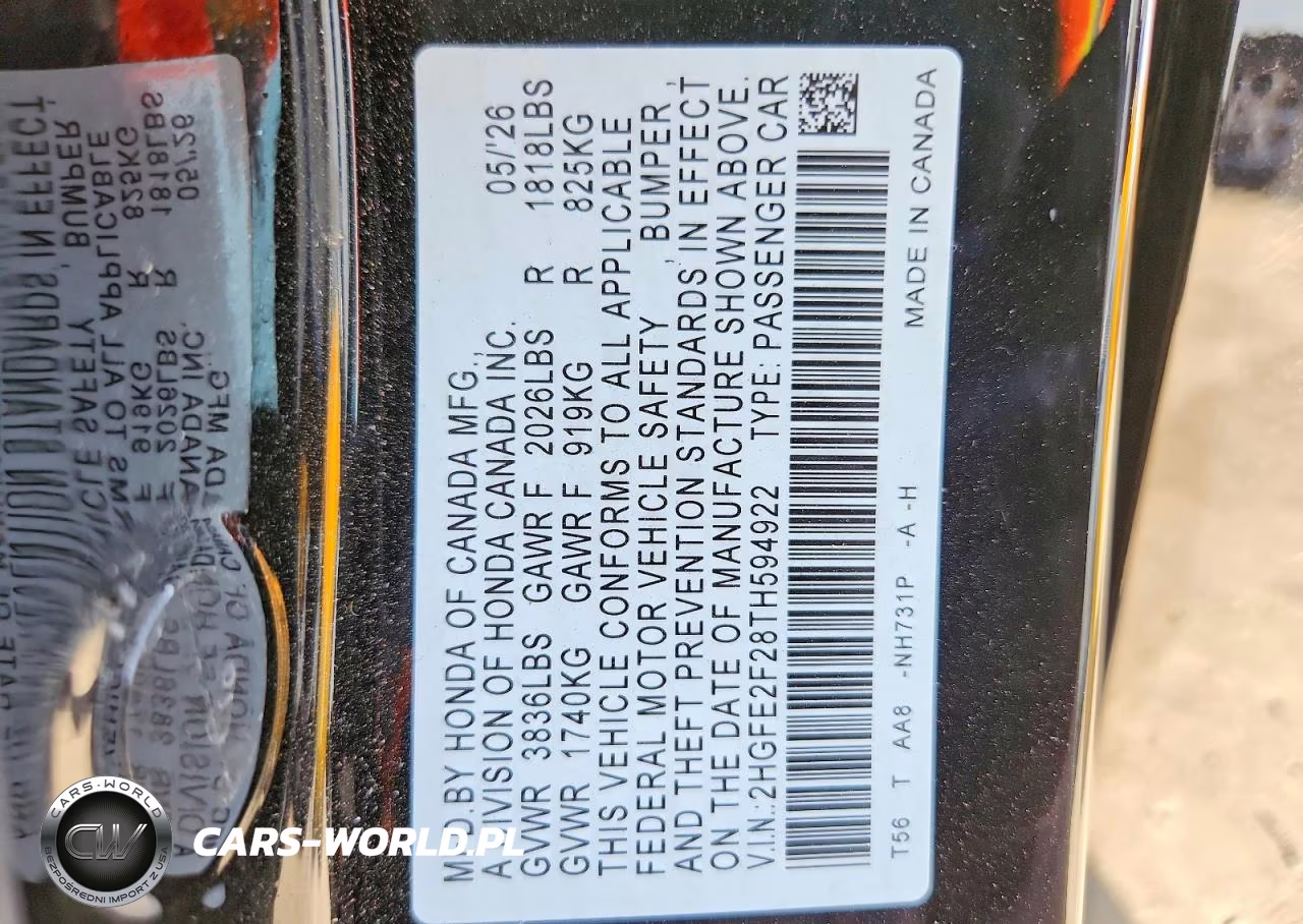 2026 Honda Civic Lx VIN:2HGFE2F28TH594922 - 12