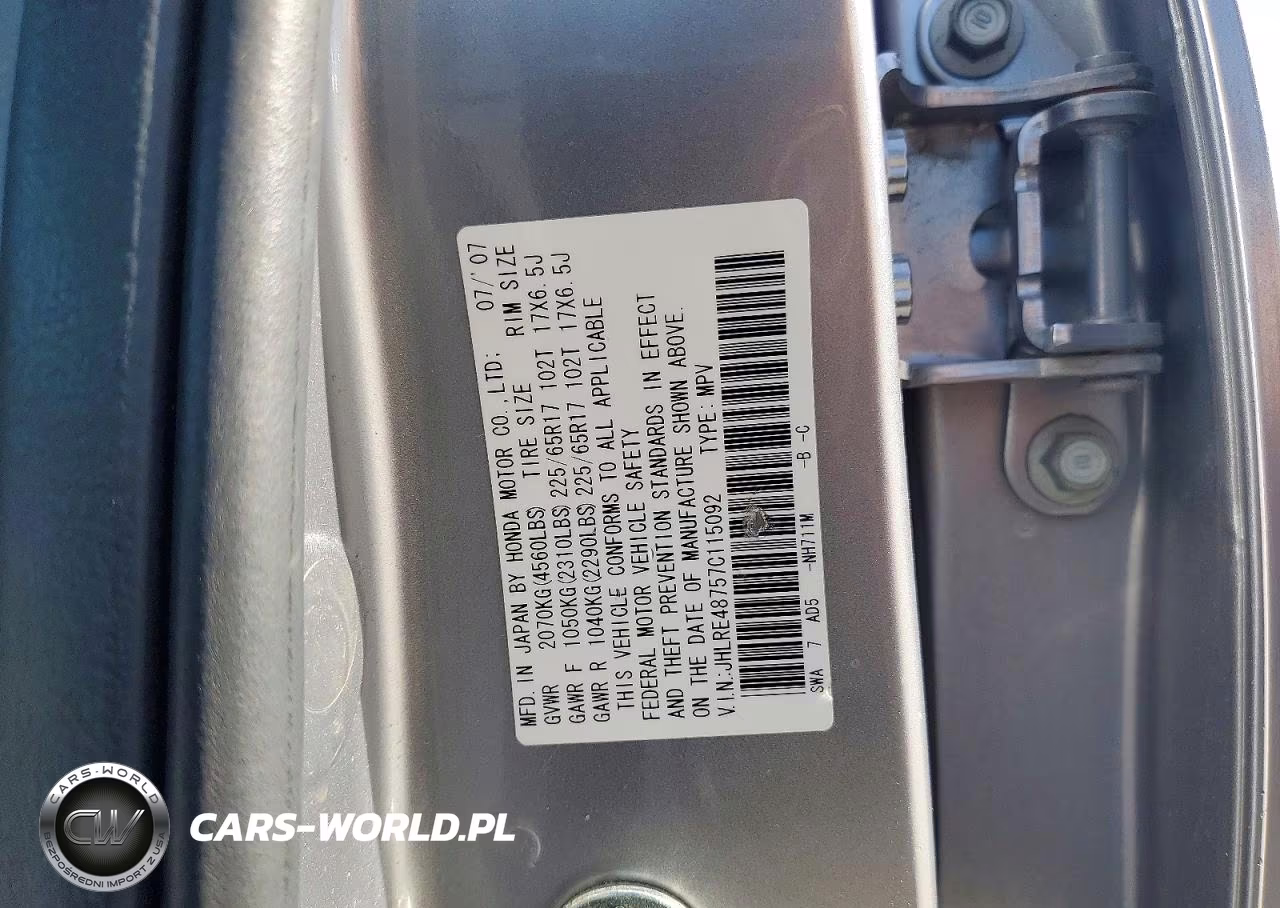 2007 Honda Cr-V Exl VIN:JHLRE48757C115092 - 13