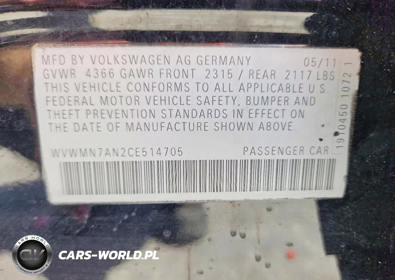 2012 Volkswagen Cc Sport VIN:WVWMN7AN2CE514705 - 13
