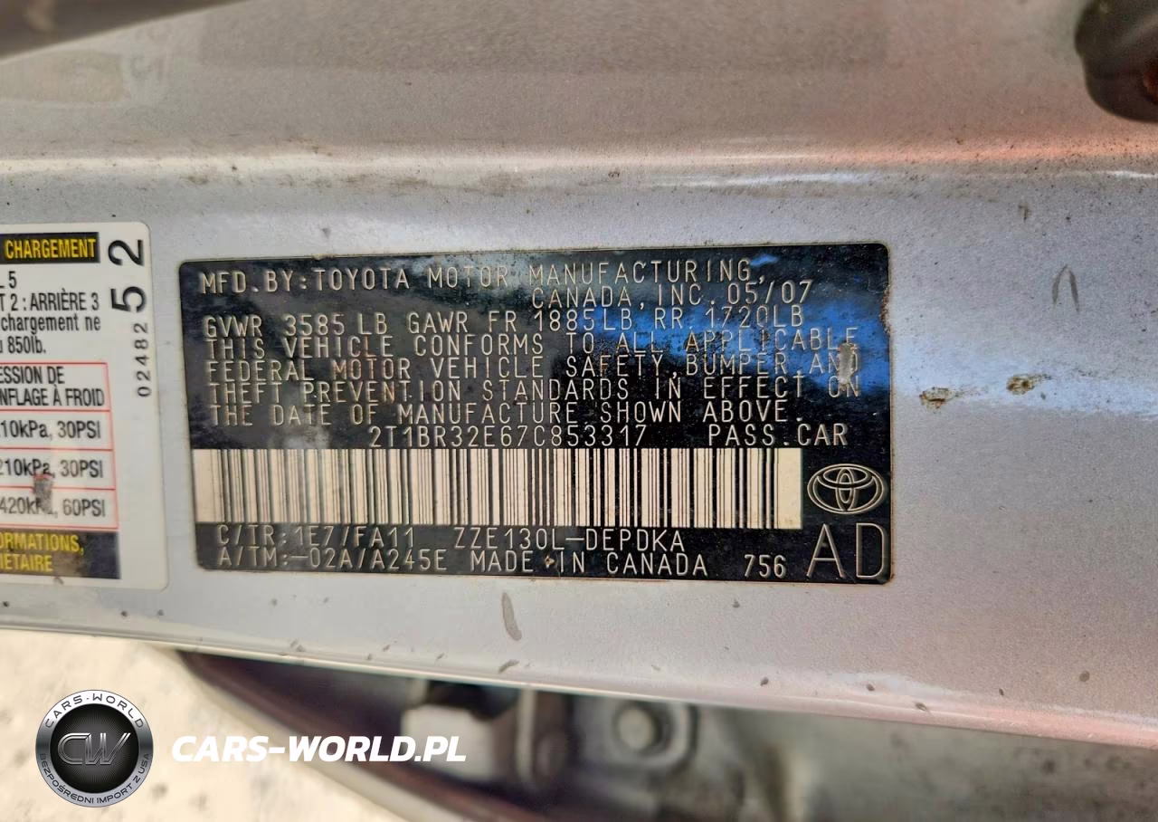 2007 Toyota Corolla Ce VIN:2T1BR32E67C853317 - 12