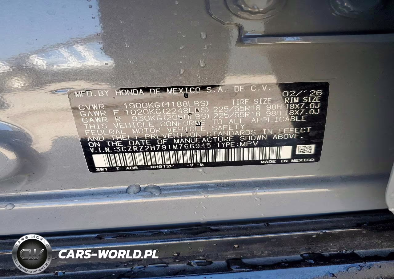 2026 Honda Hr-V Exl VIN:3CZRZ2H79TM766945 - 14