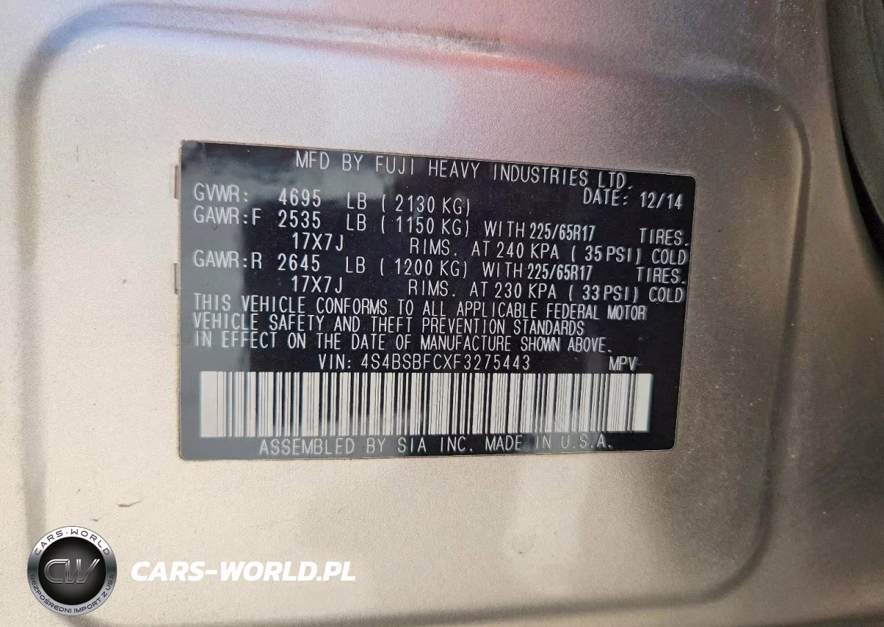 2015 Subaru Outback 2.5I Premium VIN:4S4BSBFCXF3275443 - 13