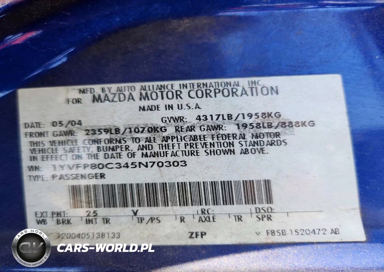 2004 Mazda 6 I VIN:1YVFP80C345N70303 - 12
