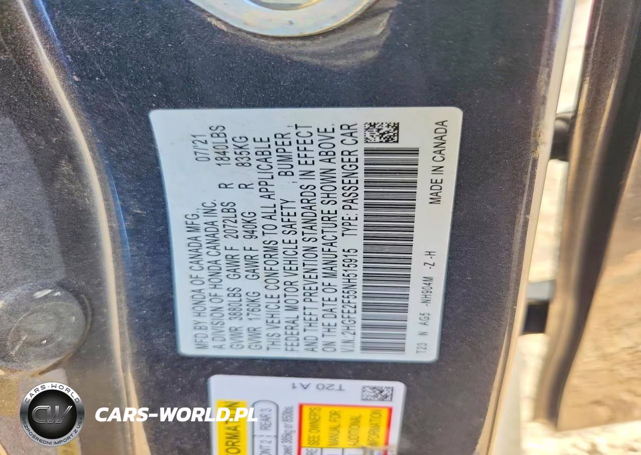 2022 Honda Civic Sport VIN:2HGFE2F55NH515915 - 12