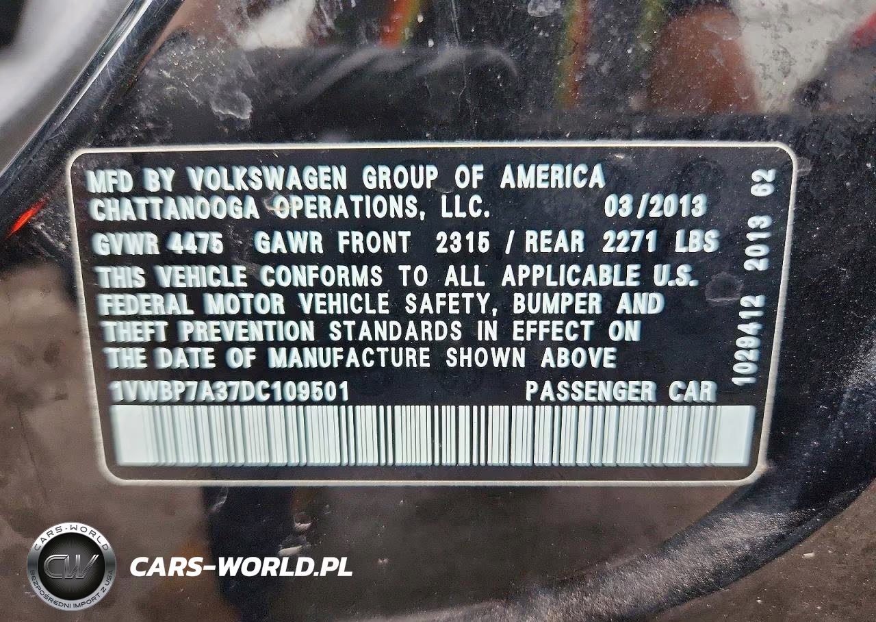 2013 Volkswagen Passat Se VIN:1VWBP7A37DC109501 - 12