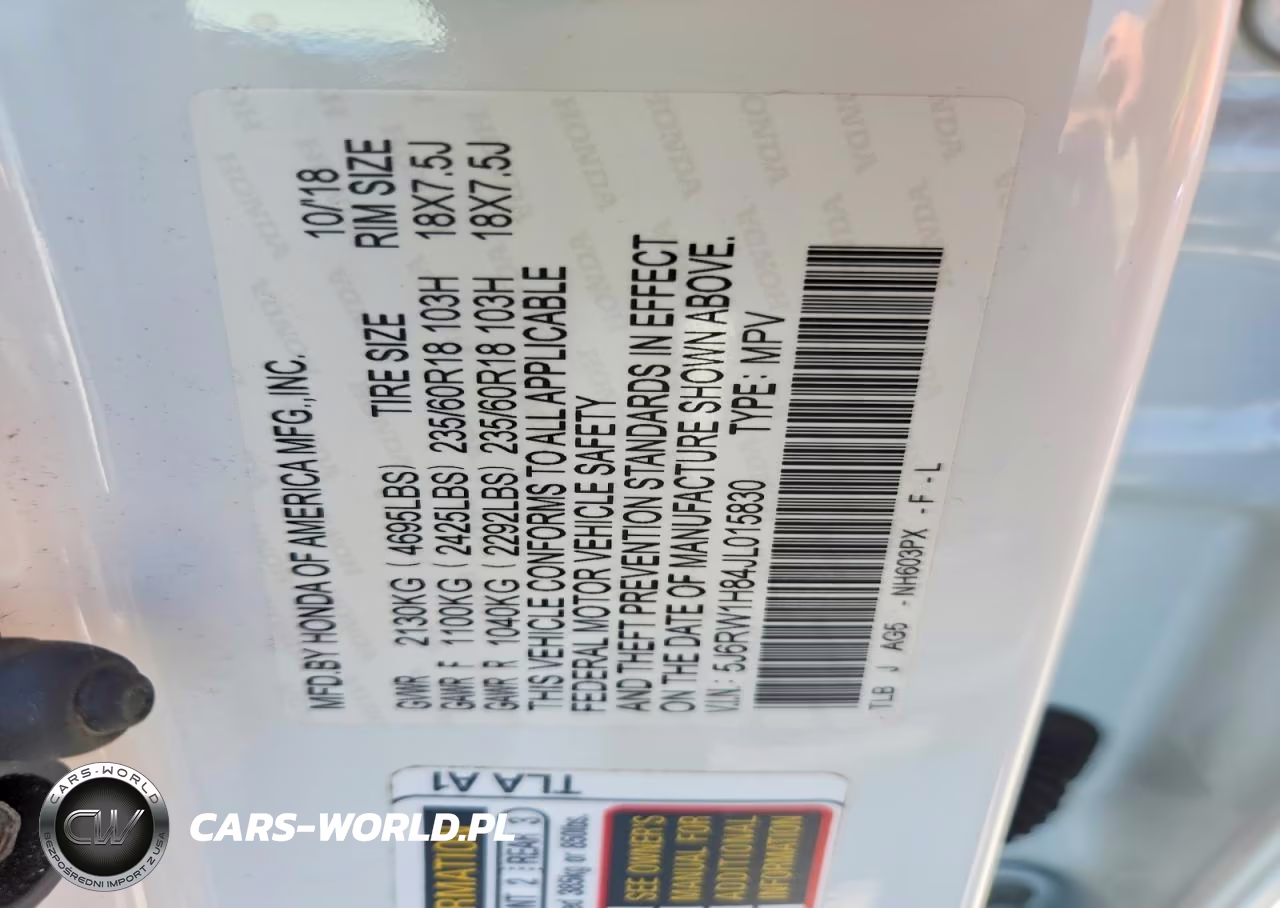 2018 Honda Cr-V Exl VIN:5J6RW1H84JL015830 - 14
