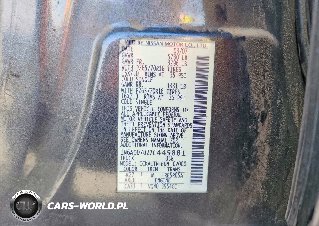 2007 Nissan Frontier Se VIN:1N6AD07U27C445881 - 13