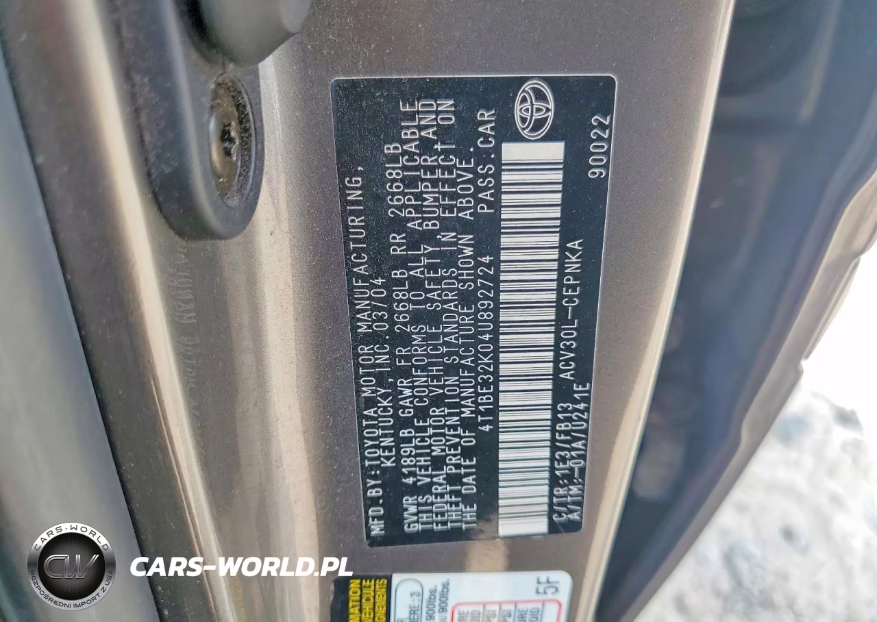 2004 Toyota Camry Le VIN:4T1BE32K04U892724 - 12