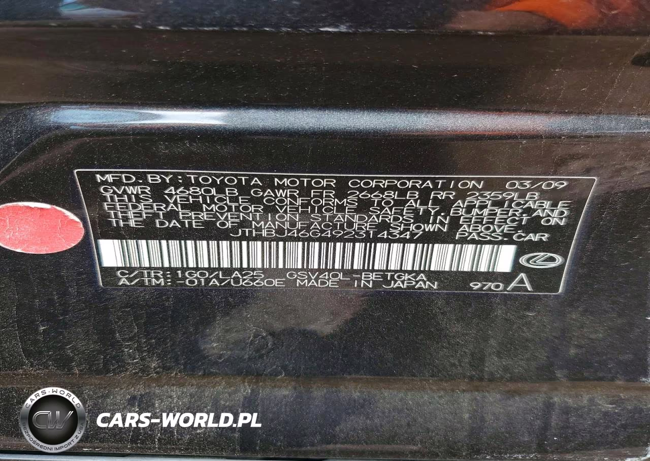2009 Lexus Es 350 VIN:JTHBJ46G492314347 - 12