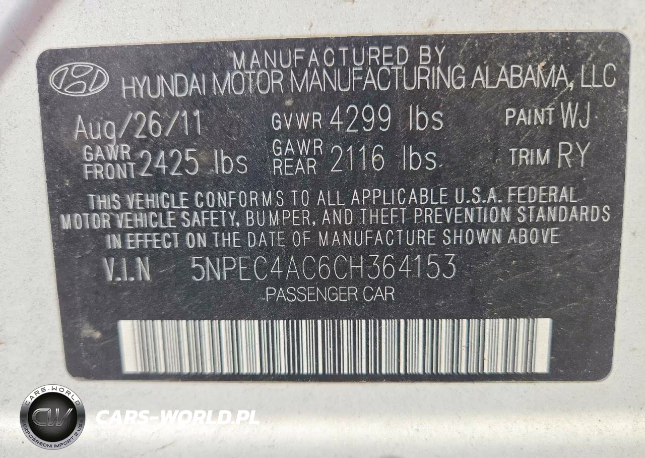 2012 Hyundai Sonata Se VIN:5NPEC4AC6CH364153 - 12